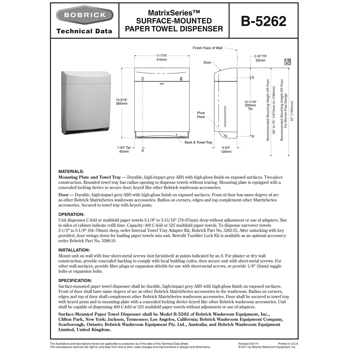 Bobrick B-5262 Commercial Paper Towel Dispenser, Surface-Mounted, Plastic