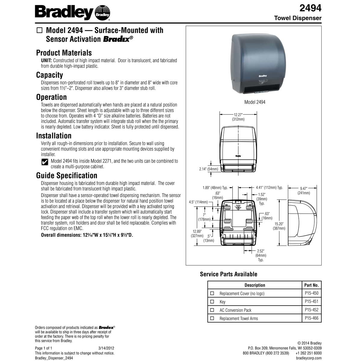 Bradley 2494 Commercial Paper Towel Dispenser, Surface-Mounted, Plastic