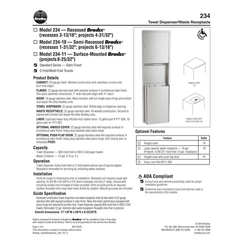 Bradley 234-00 Combination Towel Dispenser/Waste Receptacle, Recessed-Mounted, Stainless Steel