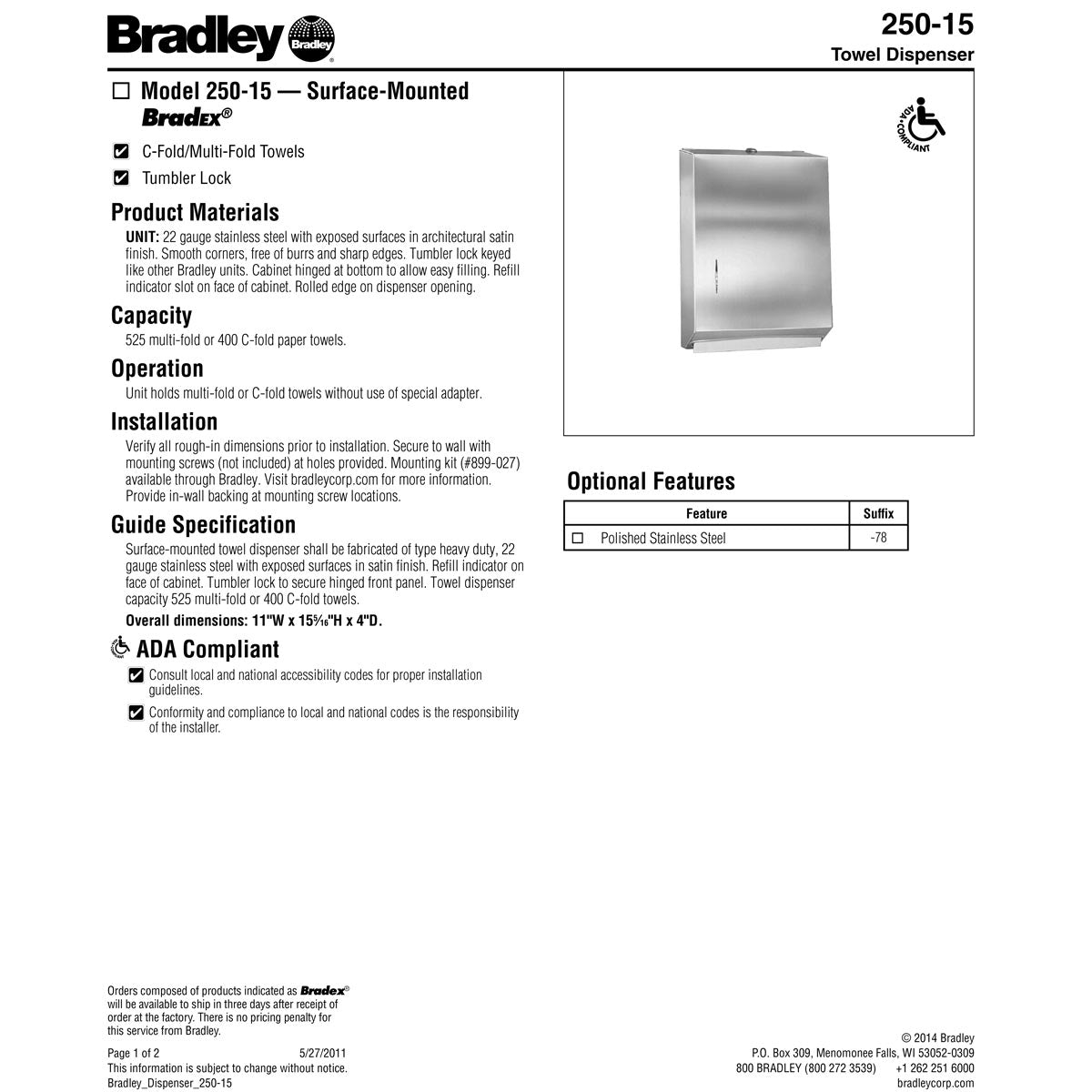 Bradley 250-15 Commercial BX-Paper Towel Dispenser, Surface-Mounted, Stainless Steel