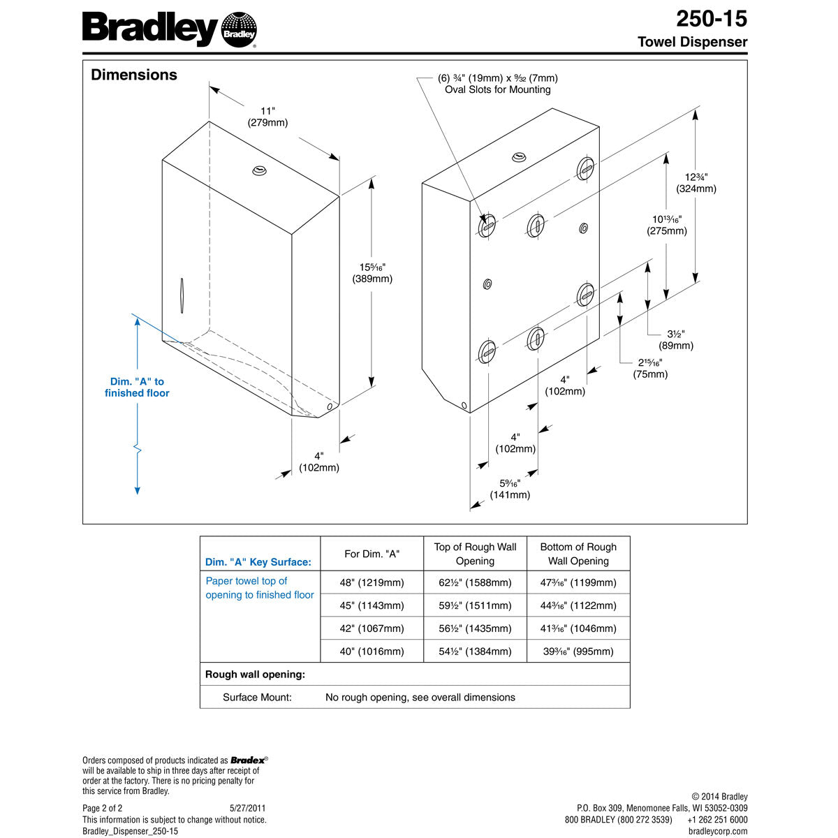 Bradley 250-15 Commercial BX-Paper Towel Dispenser, Surface-Mounted, Stainless Steel