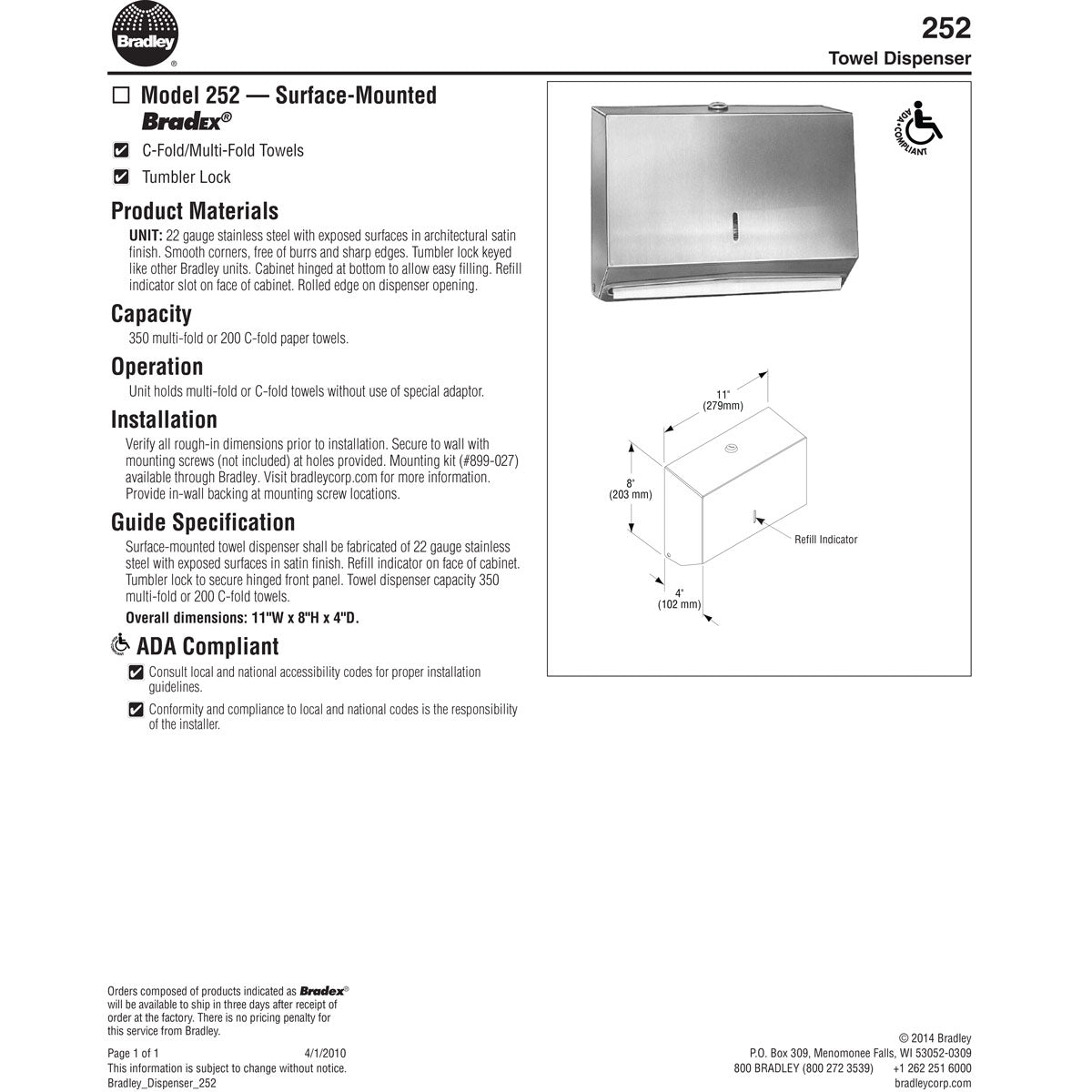 Bradley 252-00 Commercial BX-Paper Towel Dispenser, Wall Mounted, Stainless Steel