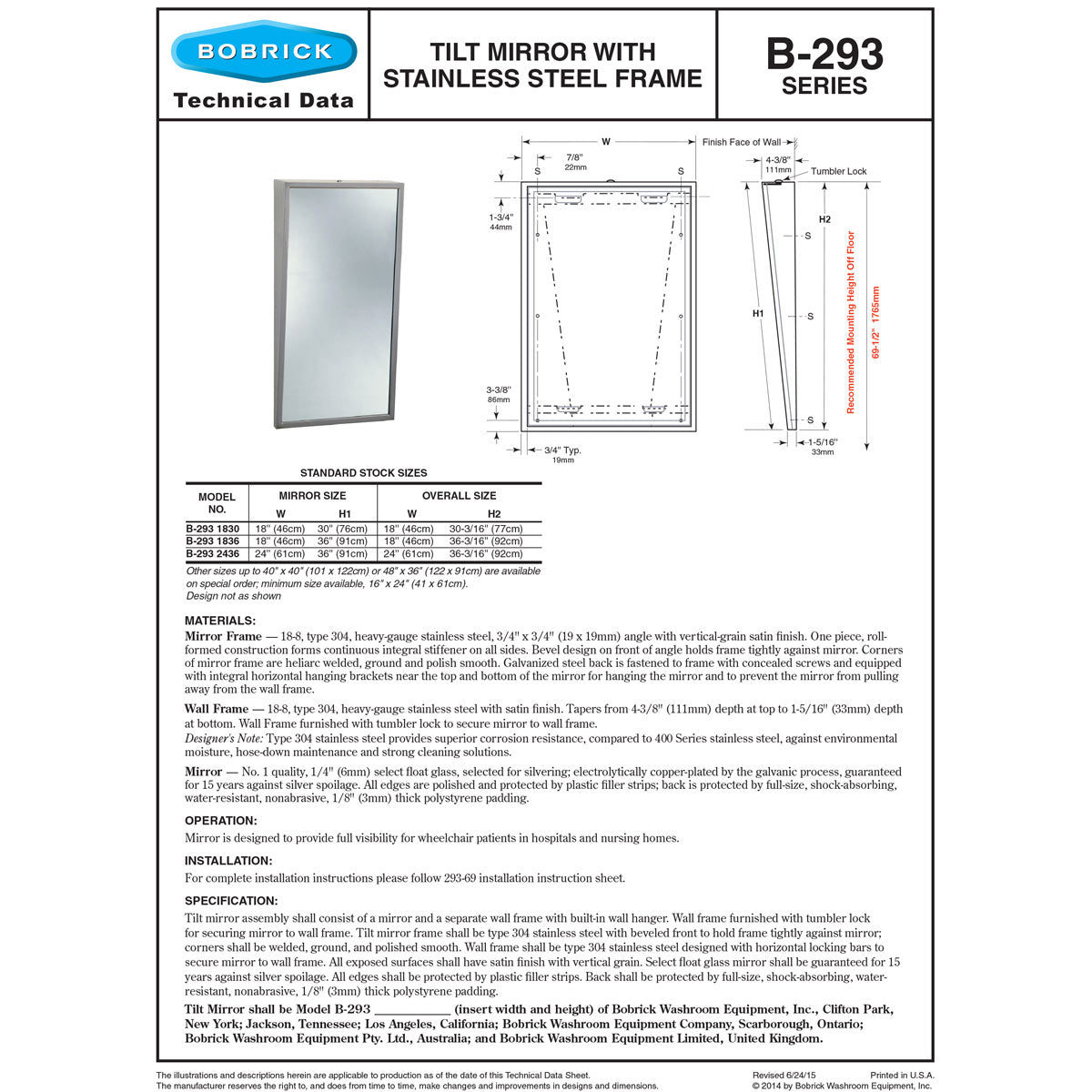 Bobrick B-293-1830 (18 x 30) Commercial Restroom Tilt Mirror, Angle Frame, 18