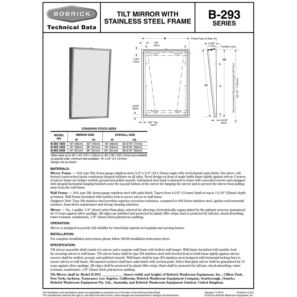 Bobrick B-293-2436 (24 x 36) Commercial Restroom Tilt Mirror, Angle Frame, 24