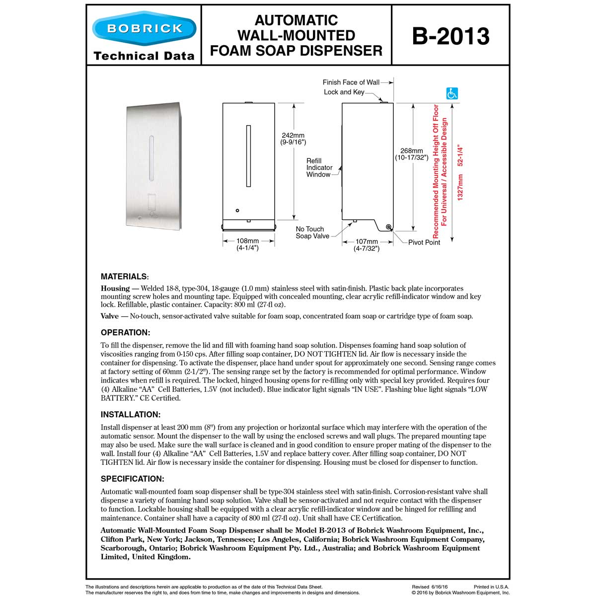 Bobrick B-2013 Commercial Foam Soap Dispenser, Surface-Mounted, Touch-Free, Stainless Steel - 27 Oz