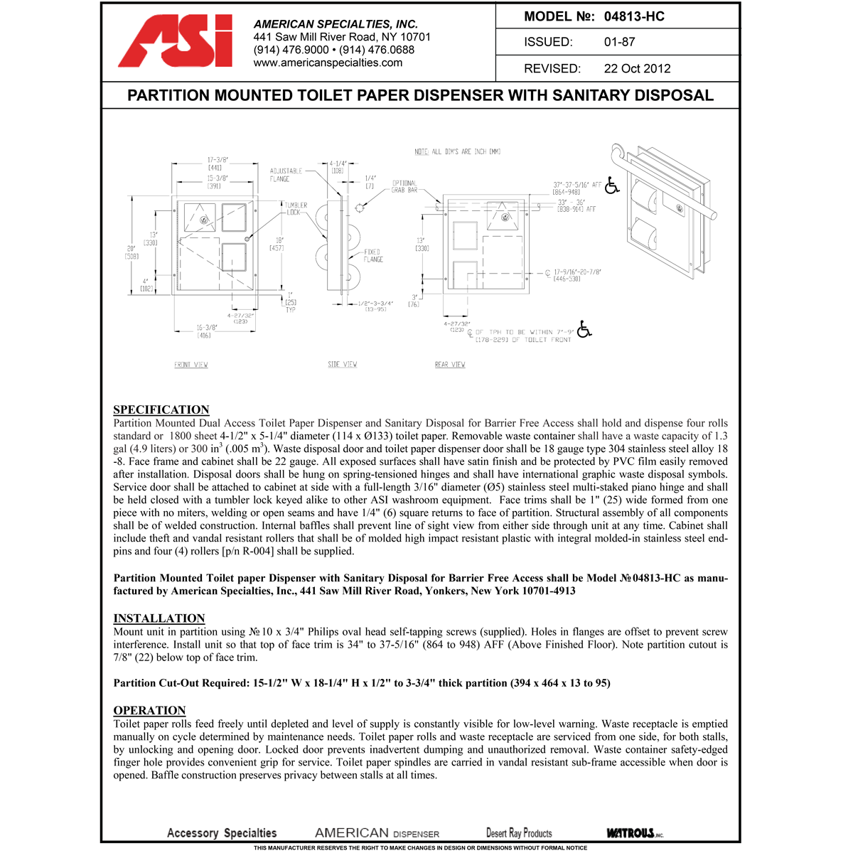 ASI 04813-HC Combination Commercial Toilet Paper Dispenser/Sanitary Napkin Disposal, Partition-Mounted, Stainless Steel